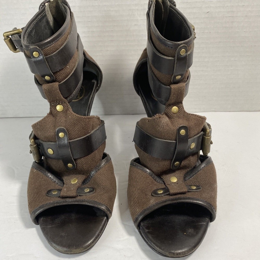 ASH “Enya” Womens High Ankle Heel Buckle Brown and Gold Size 8 (38) Combat Sexy